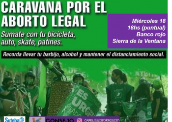 El miércoles 18 a las 18hs CARAVANA FEDERAL por el  ABORTO LEGAL 2020 en la plazoleta del  Banco Rojo de Sierra de la Ventana.