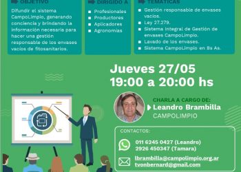 Recuerdan que se llevará a cabo la charla sobre “Gestión Responsable de Envases Vacíos de Fitosanitarios”