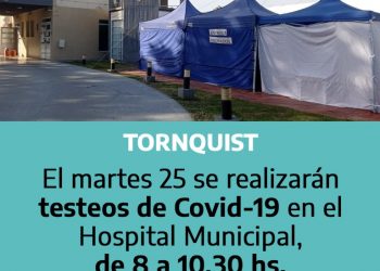 Se realizarán testeos de Covid-19, éste martes en el Hospital Municipal