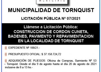 El Municipio llama a licitación para la obra de Cordón Cuneta, Badenes, Pavimento y Repavimentación en la ciudad de Tornquist